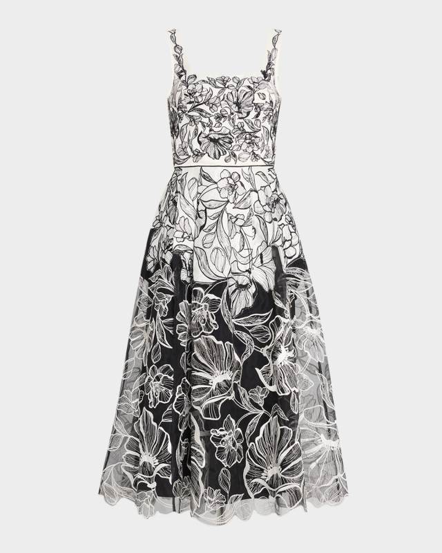 Sleeveless Floral-Embroidered Midi Dress